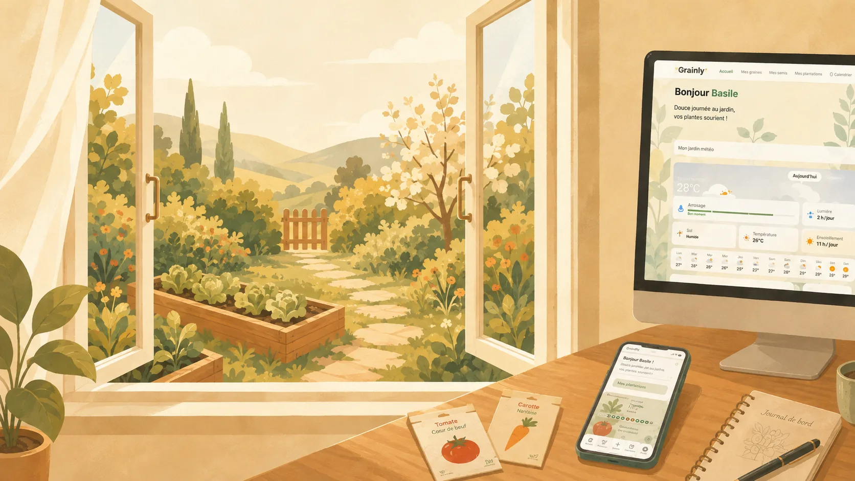 Un bureau Grainly ouvert sur un potager lumineux, avec l’application affichée sur ordinateur et téléphone.