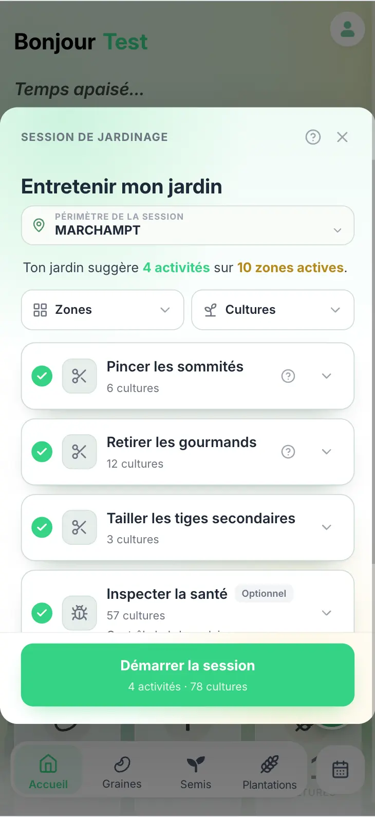 Préparation d’une session de jardinage Grainly avec quatre activités proposées.