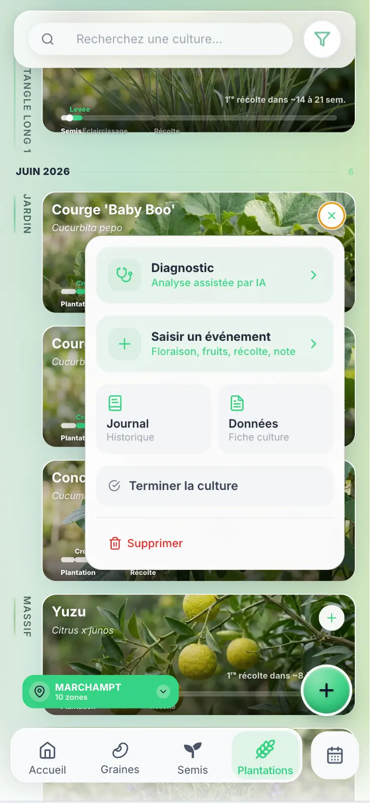 Menu d’une culture dans Grainly proposant de saisir un événement ou d’ouvrir son journal.