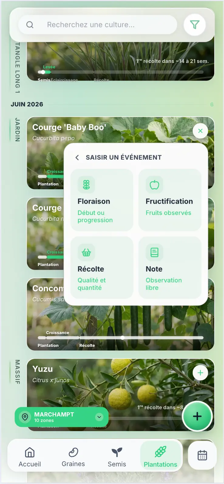 Sélection d’un événement de culture dans Grainly parmi floraison, fructification, récolte et note.