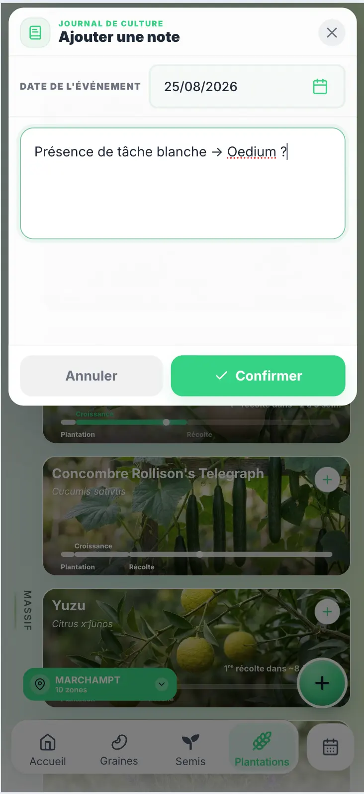 Saisie d’une note datée dans le journal d’une culture Grainly.