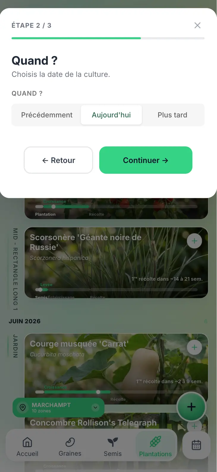 Choix de la date de plantation d’une culture dans Grainly, avec l’option Aujourd’hui sélectionnée.