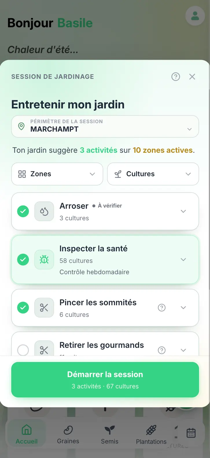 Grainly suggère des activités de jardinage à sélectionner avant de démarrer la session.