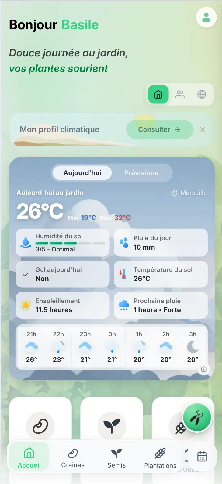 Vue « Aujourd’hui » de la météo Grainly à Marseille, avec température, humidité et température du sol estimées, gel, pluie et ensoleillement.