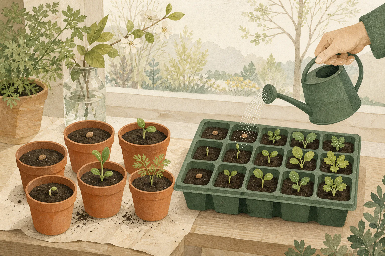 Godets individuels et plaque alvéolée montrant les étapes de germination de jeunes plants
