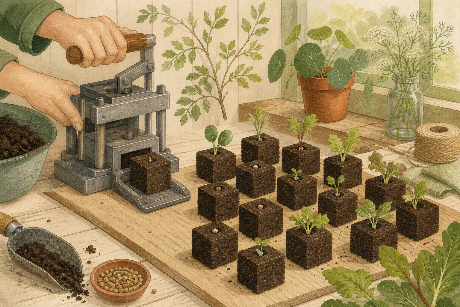 Presse-mottes manuel et cubes de substrat autonomes contenant graines et jeunes plants