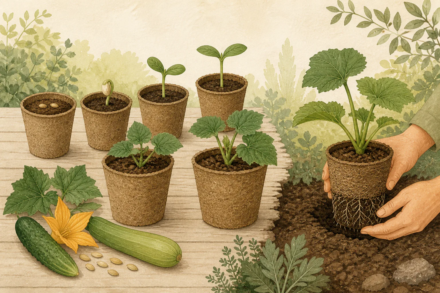 Plants de concombre et de courgette en pots de fibre biodégradable, dont un est placé directement en terre