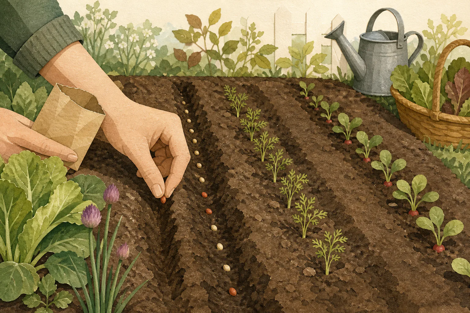Graines déposées dans des sillons directement au potager, avec des rangs de carottes et de radis déjà levés